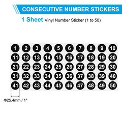 1 to 50 Number Stickers 1 Inch, Consecutive Vinyl Round Labels Dot Decals, Black