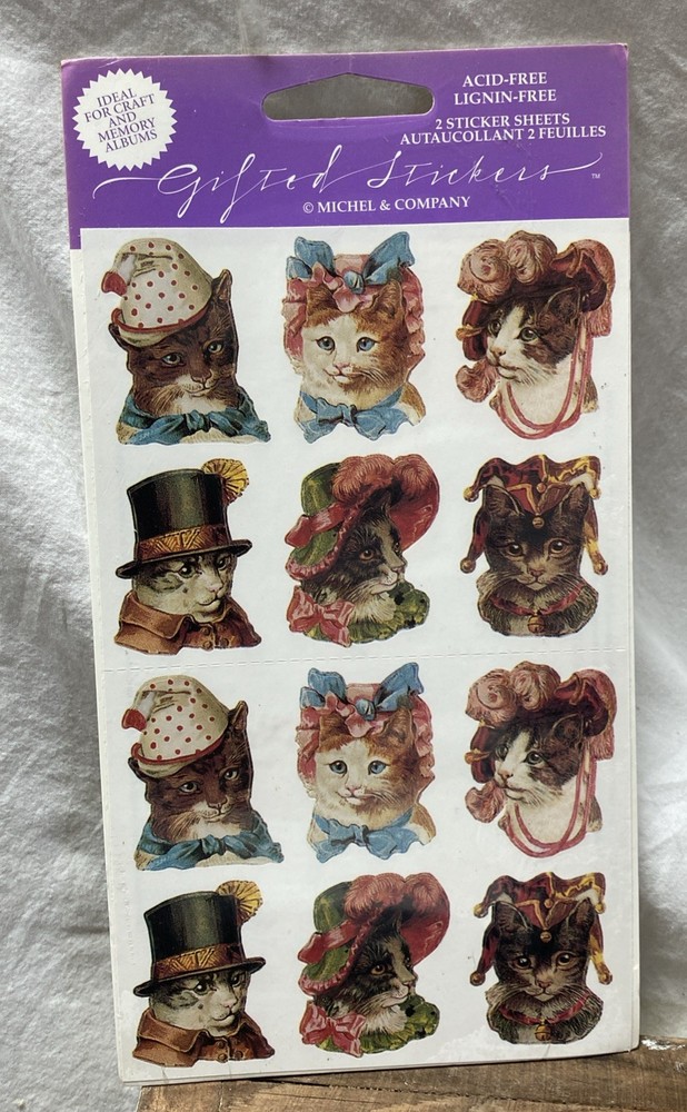 new old stock Michel & Company 2 sheet Stickers Victorian Fancy Hat Cats