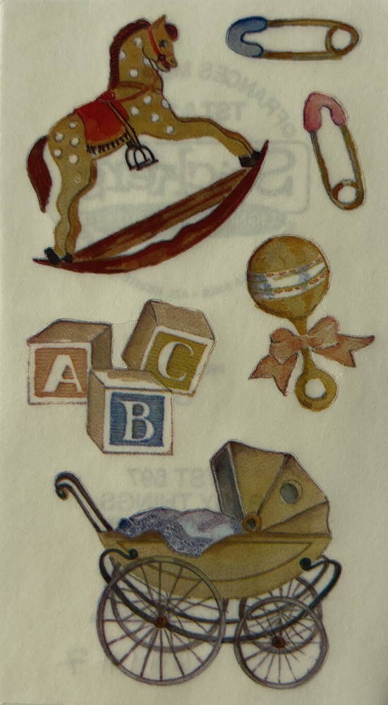 BABY THINGS Mylar Stickers (6pc)Frances Meyer•Rocking Horse •Rattle•Blocks•Pins