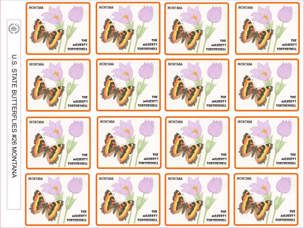 MONTANA STATE BUTTERFLY – THE MILBERT’S TORTISESHELL SIZE 2.5″ X 2- 16 PER SHEET