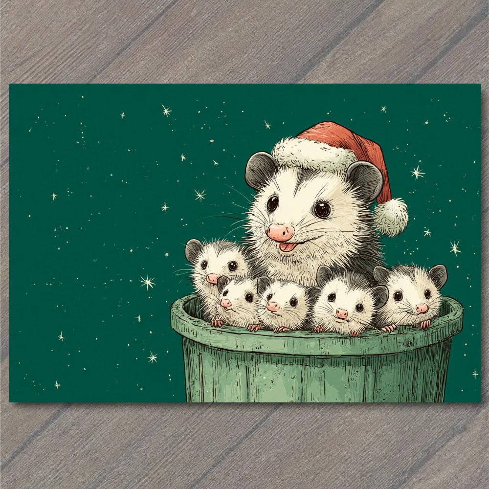 STICKER Christmas Possum Family Santa Hat Cute Funny Trash Can Holiday Card