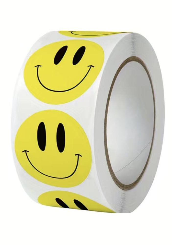 500 pcs Sticker Roll Yellow Tradition Happy Smile Face Semi Gloss Self Adhesive