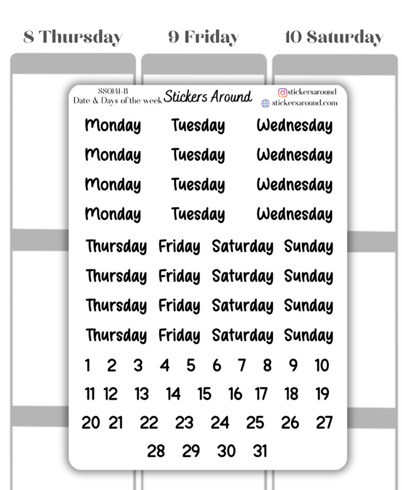Small Black Date & Days of the Week Script Planner Sticker, Journaling Sticker