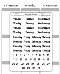Small Black Date & Days of the Week Script Planner Sticker, Journaling Sticker