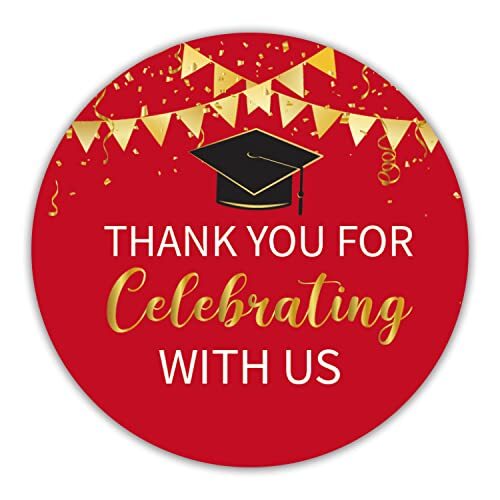 2″ Red and Gold Graduation Thank You Stickers, 50 Congrats Grad Party Round
