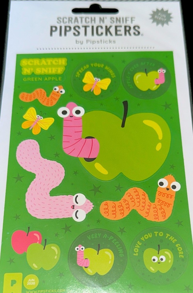 SCRATCH N’ SNIFF WORMS STICKERS✨🦋🐛💖🍏🦋✨5 3/4” X 3 3/4”✨GREEN APPLE✨CUTE💫