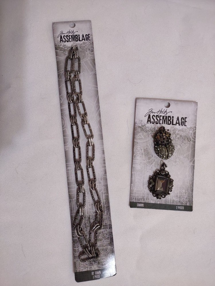 Tim Holtz Assemblage Metal Silver Chain 18″ Shabby Deco Glam 2 Pieces Charms