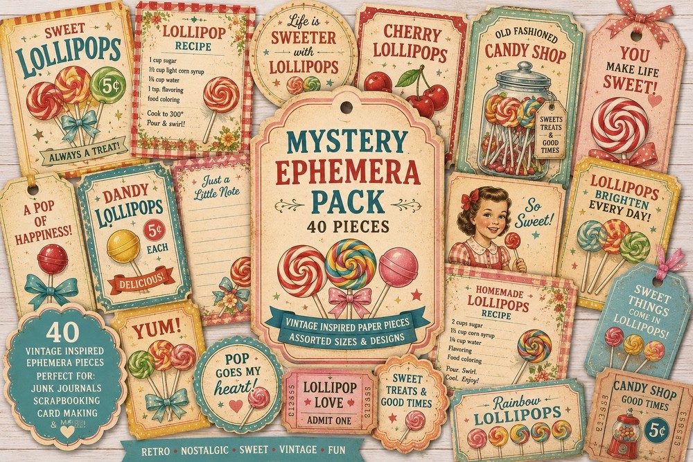 Vintage Lollipop Mystery Ephemera Pack | 40 Printed Candy Shop Paper Pieces