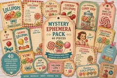Vintage Lollipop Mystery Ephemera Pack | 40 Printed Candy Shop Paper Pieces