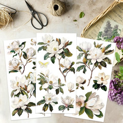 OLYCRAFT 3Pcs/Set White Magnolia Rub on Transfers for Crafts and Furniture 6X12