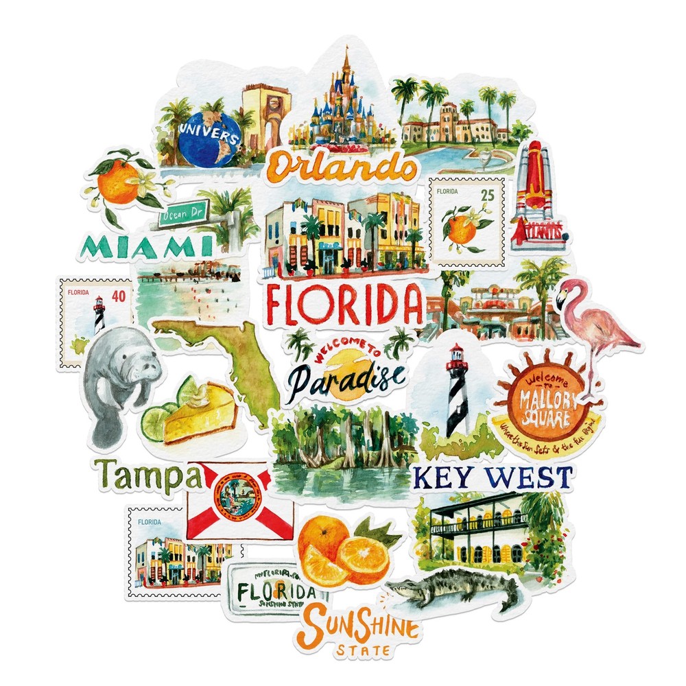 Retro Florida State Travel Stickers (31 Pieces) – Watercolor, USA-Themed, Wat…