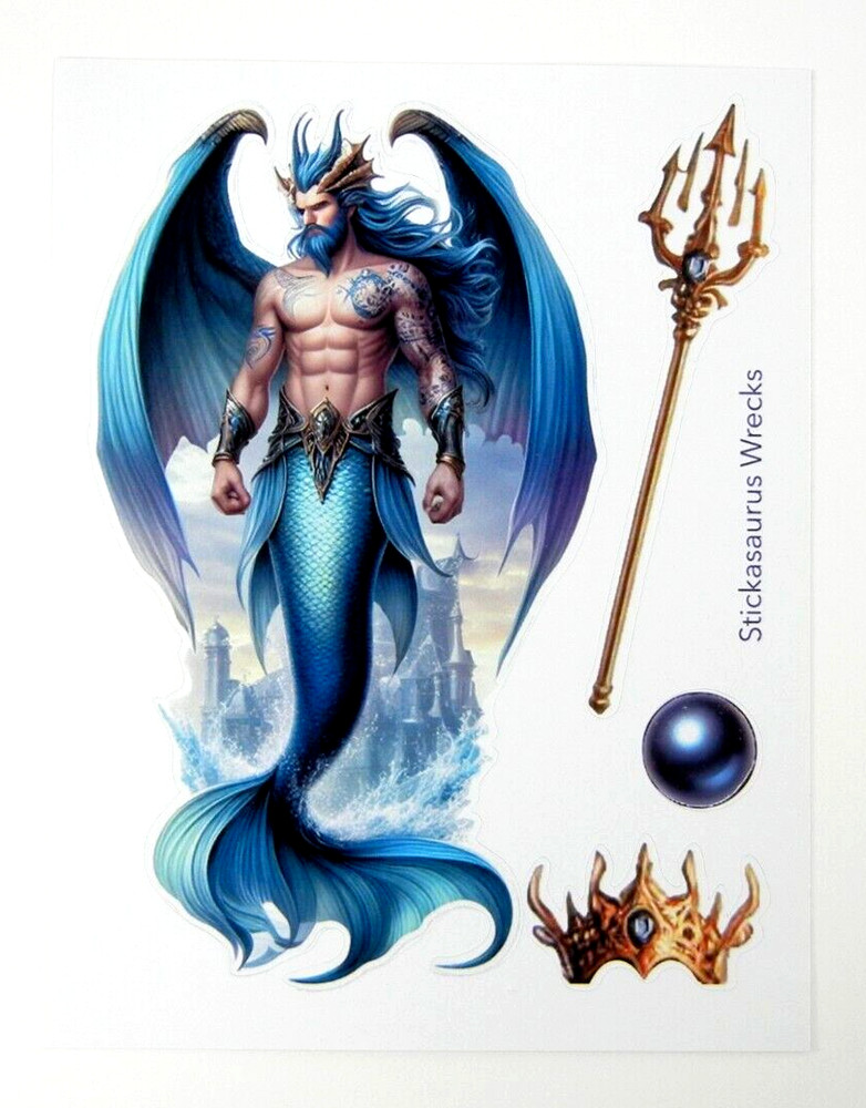 Mermaid Dragon King Sticker Sheet Trident Crown Pearl