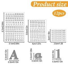 LXUEJIE 12 Sheets Small Letter Stickers, 3 Sizes Mini Alphabet Number Silver