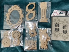 Lot of (9) Cardboard Accents/Embellish- frames, clocks,gears, keys,fluer delis