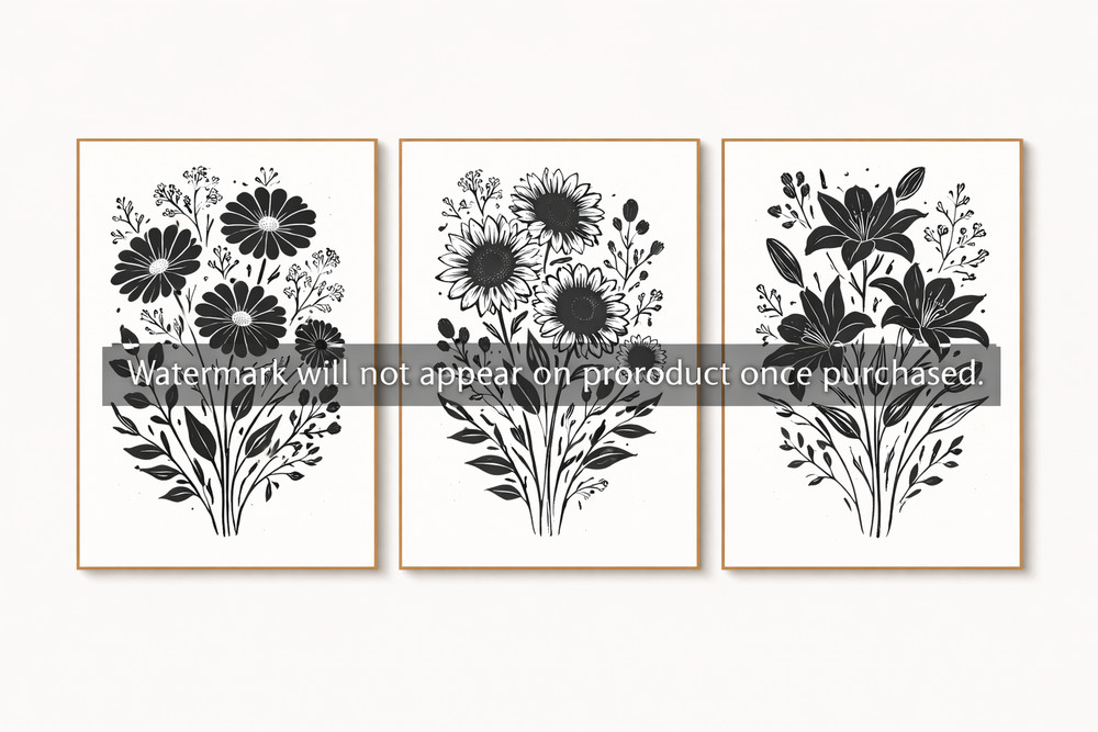 Black White Botanical Triptych Floral Wall Art Prints Minimalist Flower Set