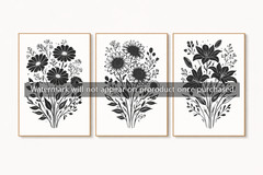 Black White Botanical Triptych Floral Wall Art Prints Minimalist Flower Set