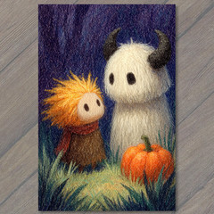 STICKER Horned Creature And Friend Standing Beside Pumpkin Halloween Night