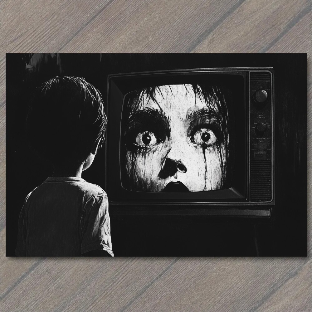 STICKER Girl Staring TV Set Haunted Eyes Look Child Black Horror Creepy Weird