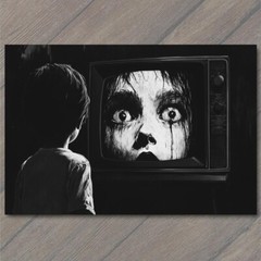 STICKER Girl Staring TV Set Haunted Eyes Look Child Black Horror Creepy Weird
