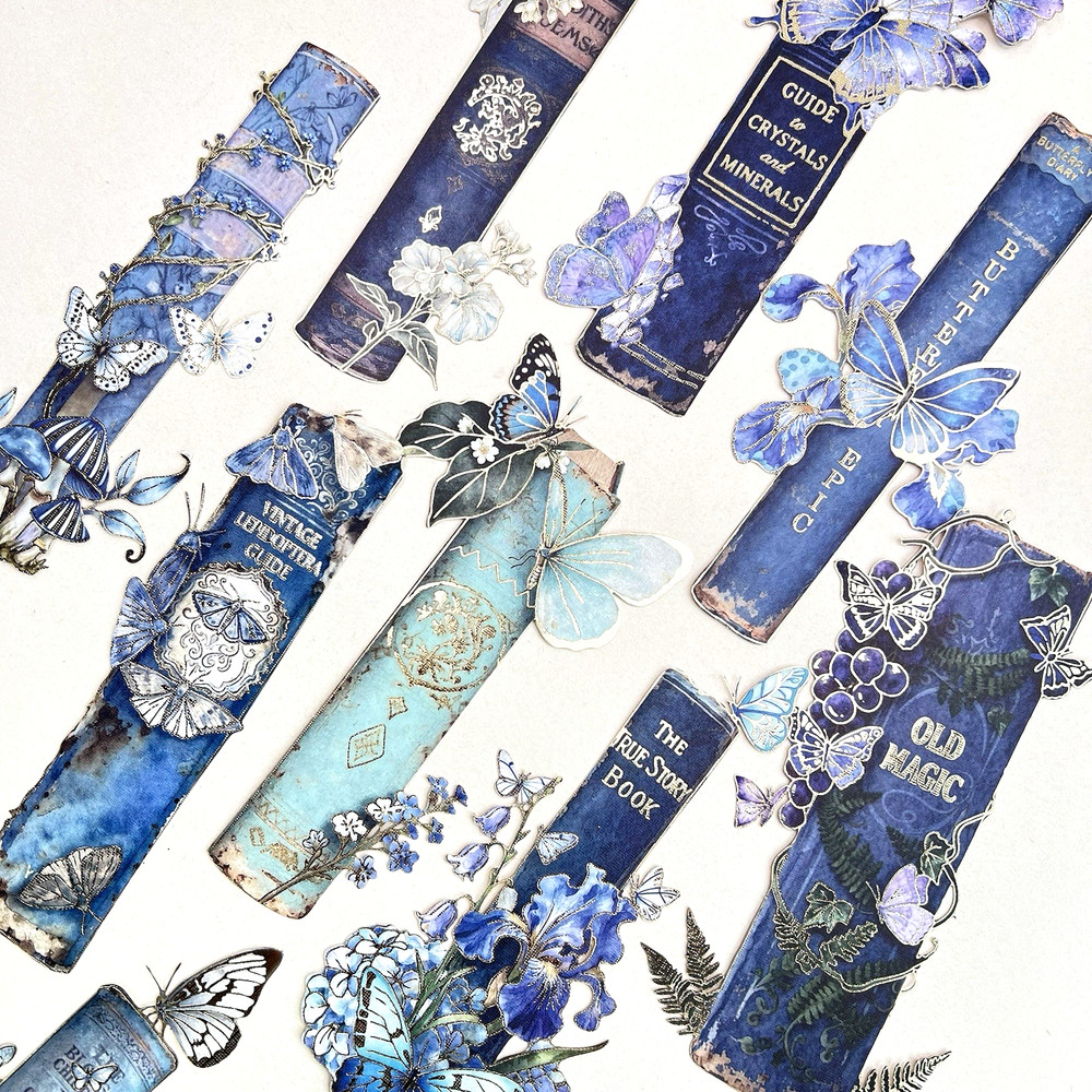 Floral Butterfly Vintage Book Spine Stickers Blue Junk Journal Collage Scrapbook