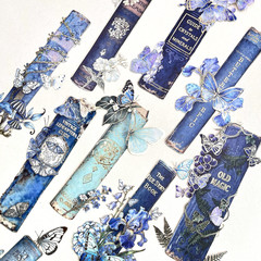 Floral Butterfly Vintage Book Spine Stickers Blue Junk Journal Collage Scrapbook