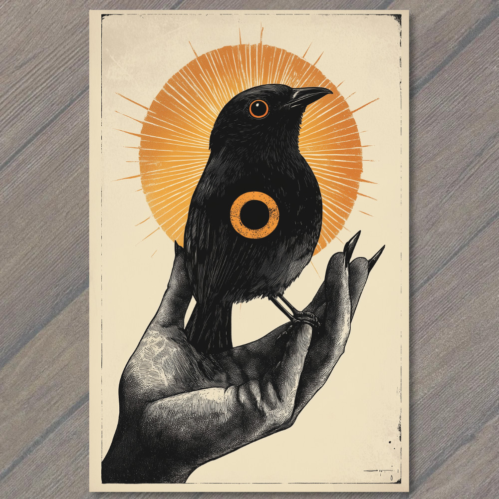 STICKER Surreal Black Bird Radiant Sun Hand Orange Spiritual Mystic Dark Emo