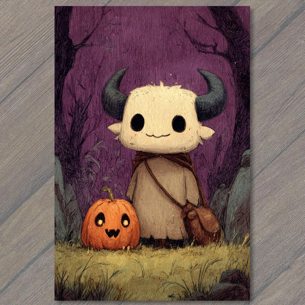 STICKER Horned Creature With Bag Standing Beside Pumpkin Halloween Night