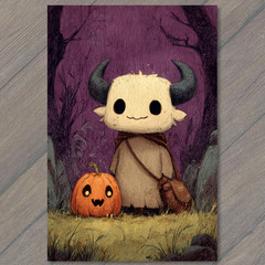 STICKER Horned Creature With Bag Standing Beside Pumpkin Halloween Night