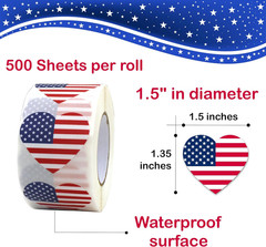 Heart-Shaped American Flag Stickers, 1.5 Inch, 500 Count