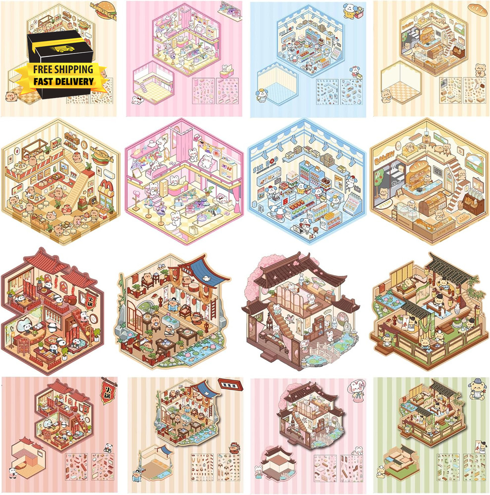 3D Sticker Scene 8PCS Mini Scene Stickers for Adults 3D Stickers Scene Set Cute