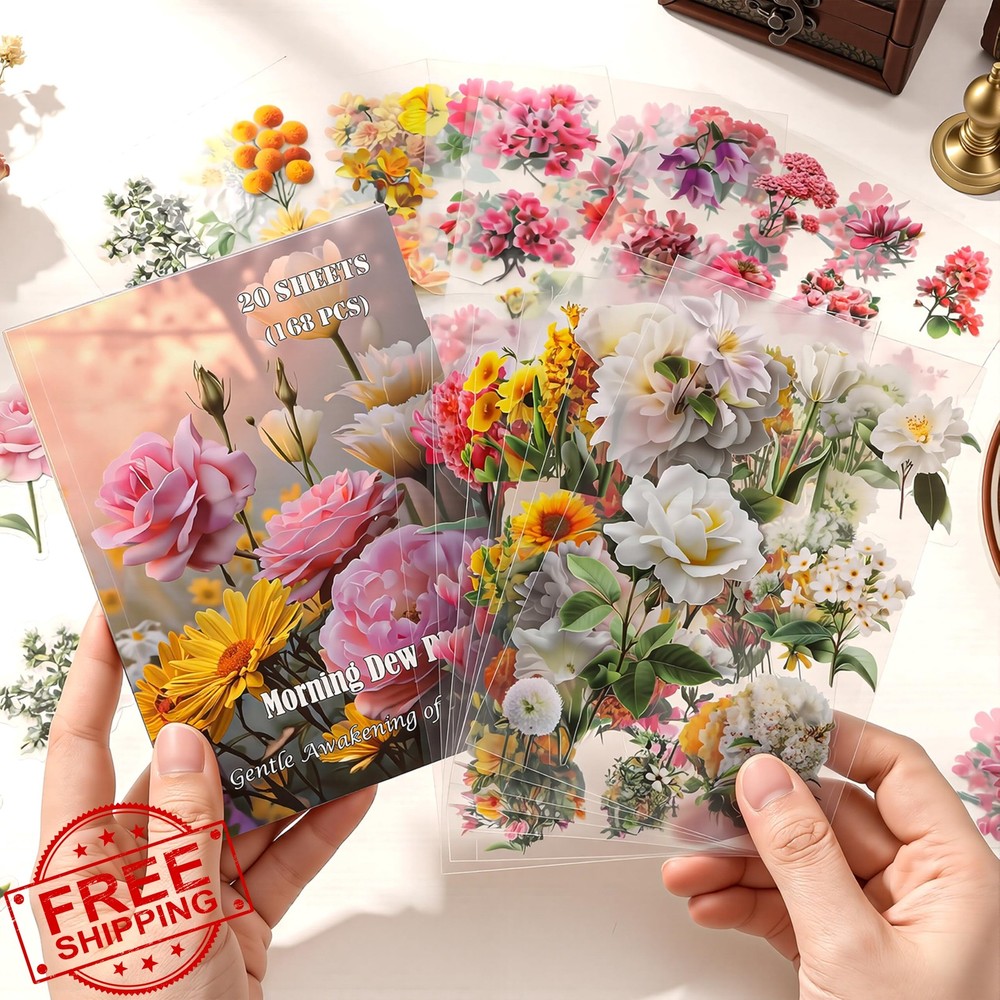 Teozeqe Transparent Flower Sticker Book 168PCS Morning Dew Bloom Unique