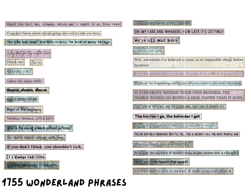 WONDERLAND PHRASES 2 Pgs. Supplies Scrapbook Junk Journal Card Toppers Ephemera
