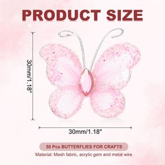 50Pcs Butterflies for Crafts, 1.2″ Mesh Organza Butterflies, Pink