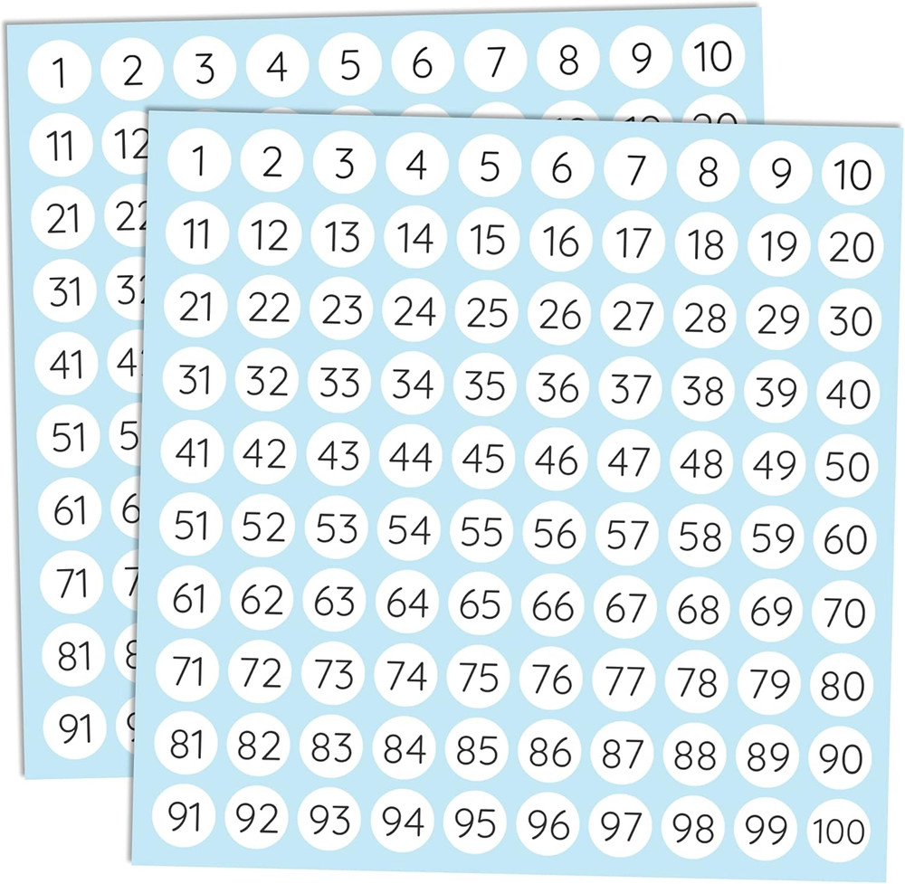 25 Sheets, 1 to 100, Number Stickers Labels – 0.4″ Round, Pack of 2500