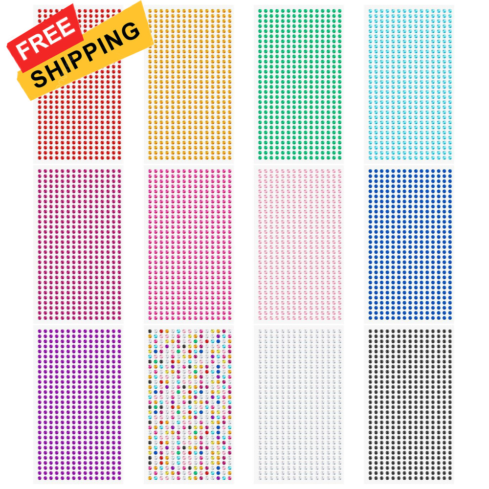 Gartful 3mm Gem Stickers, 5400PCS 3mm, Yellow,blue,green,white,rose,purple