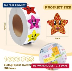 Gsinodrs 1000Pcs Smiley Face Star Stickers – 1 Inch Self-Adhesive Glitter Foil S