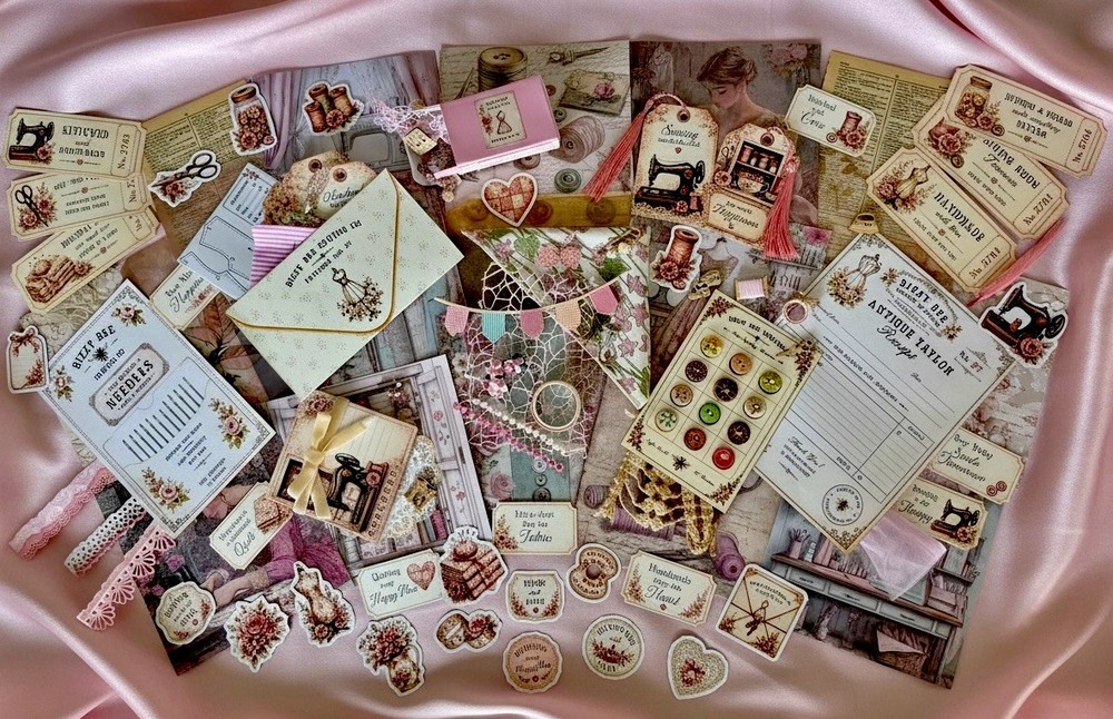 Vintage Sewing Junk Journal Kit Handmade Ephemera Stickers Tags Fabric 108 Piece