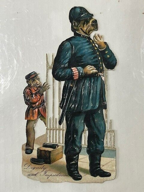 1271B – 1900 Vintage «Victorian Die Cut Monkey Police Bulldog ! Excellent!