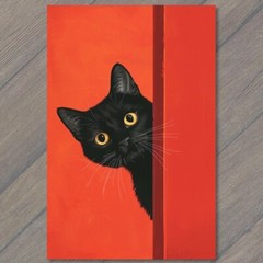 STICKER Black Cat Yellow Eyes Pet Red Background Painting Cute Fun Feline