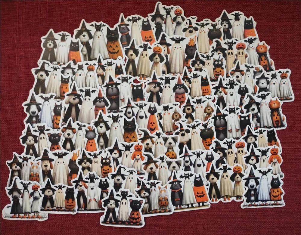 50pc. DOG/CAT HALLOWEEN WATERPROOF VINYL STICKERS/DECALS
