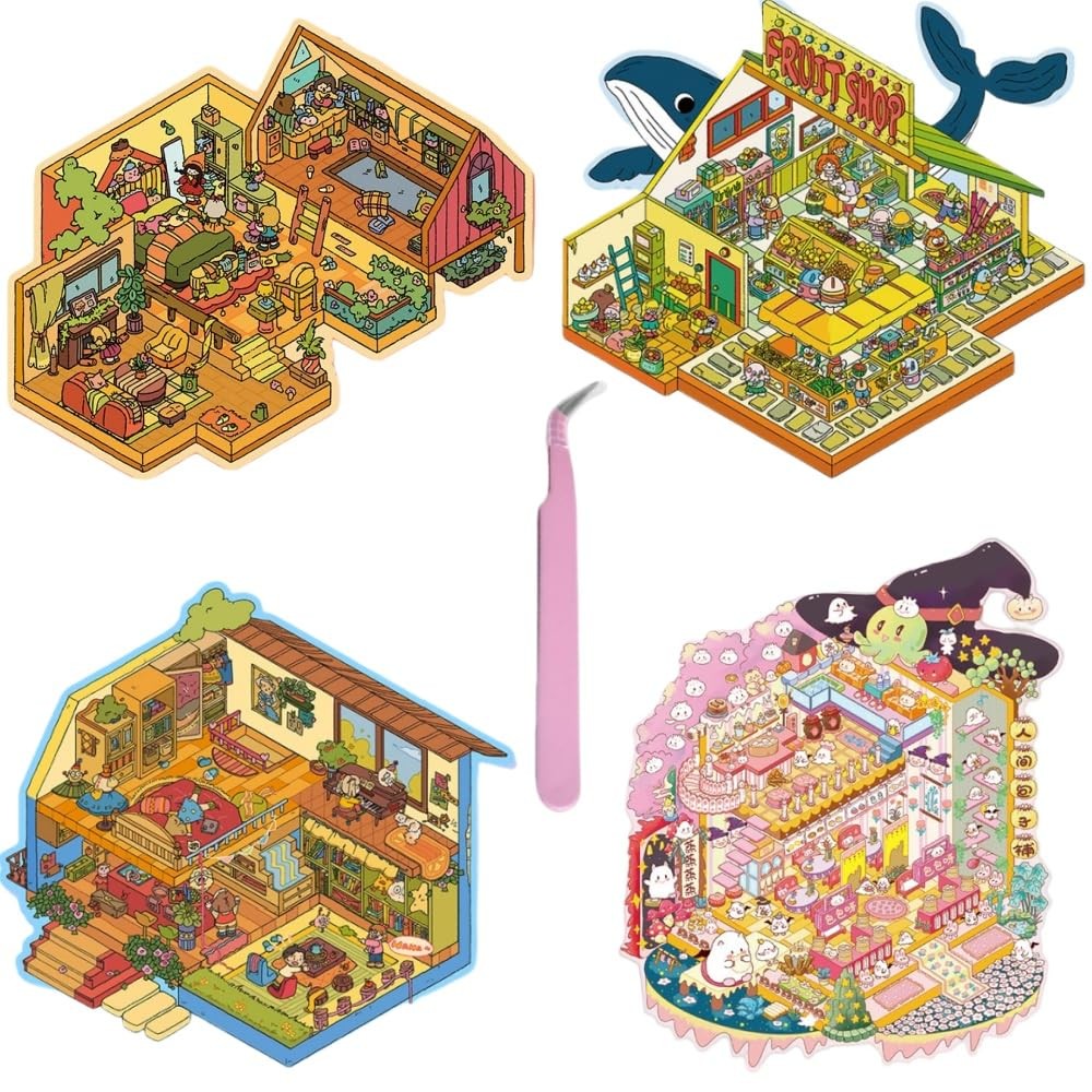 4 Sets Large Size 3D Miniature Scene Stickers,DIY House Sticker Therapy for A…