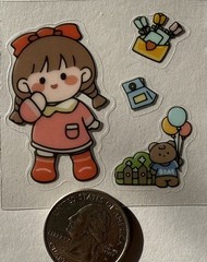 CUTE LITTLE GIRL Mylar Stickers(4pc)Kid•Bear•Flowers •Envelope•Note•Card Making•