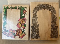 NEW WOOD MOUNT RUBBER STAMP SET OF 2 ROSE FRAME & FLOWER TRELLIS SCRAPBOOKING