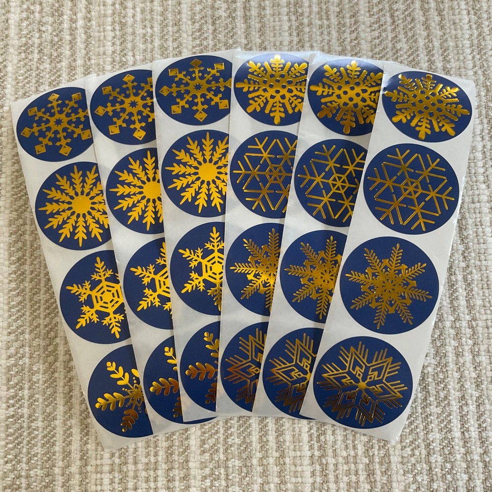 24 Gold Snowflake Stickers, 1.5” Blue Winter Envelope Seals, Holiday Gift Labels