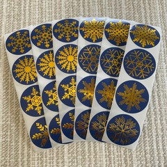 24 Gold Snowflake Stickers, 1.5” Blue Winter Envelope Seals, Holiday Gift Labels