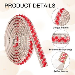 3 Pcs 3 Yard Pearl Rhinestone Ribbons, 1cm Pearls Rhinestone Tape Red