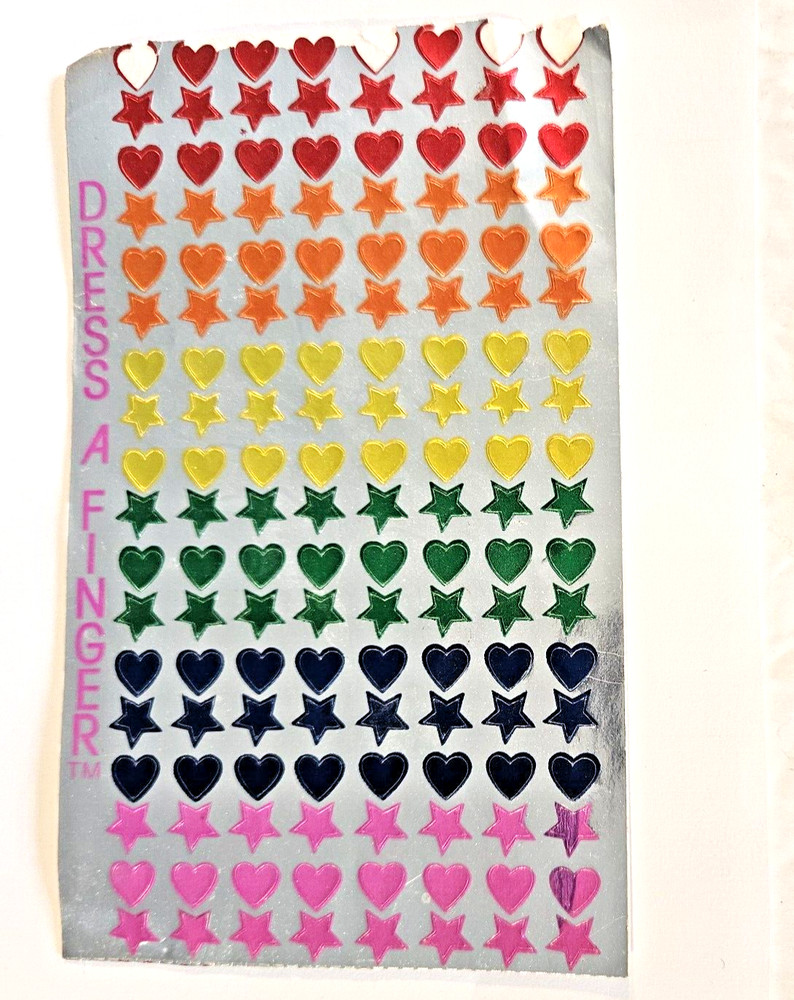Vtg 80s Sandylion Dress A Finger Sticker Sheet Rainbow Stars Hearts Foil 1/4 in