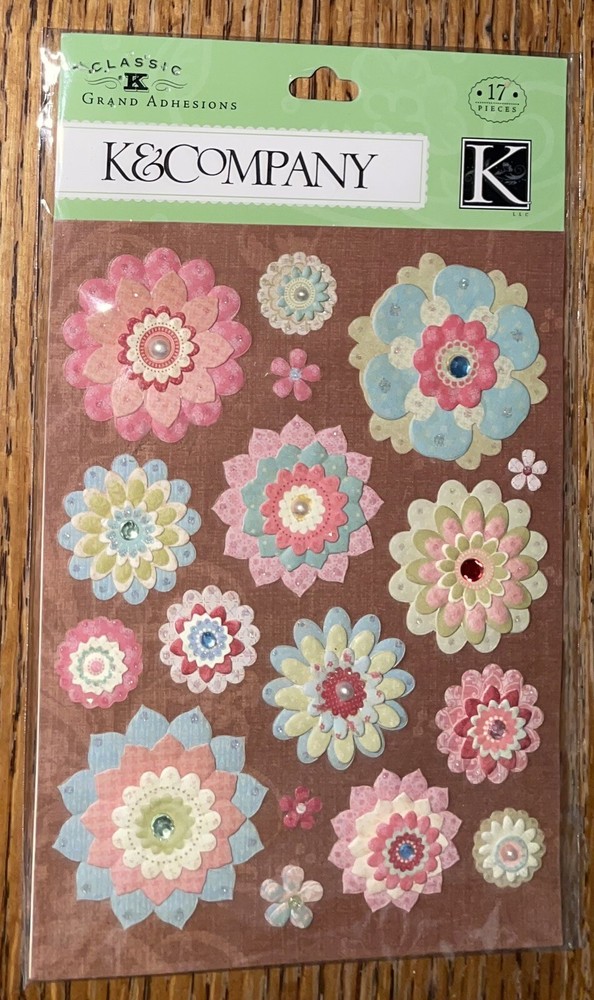 K&Company Classic K-Ology Layered Flowers Pearl Gem Floral 3D Scrapbook Stickers