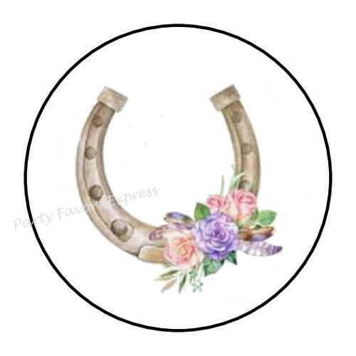 30 HORSESHOE WITH FLOWERS ENVELOPE SEALS LABELS STICKERS PARTY FAVORS 1.5″ ROUND