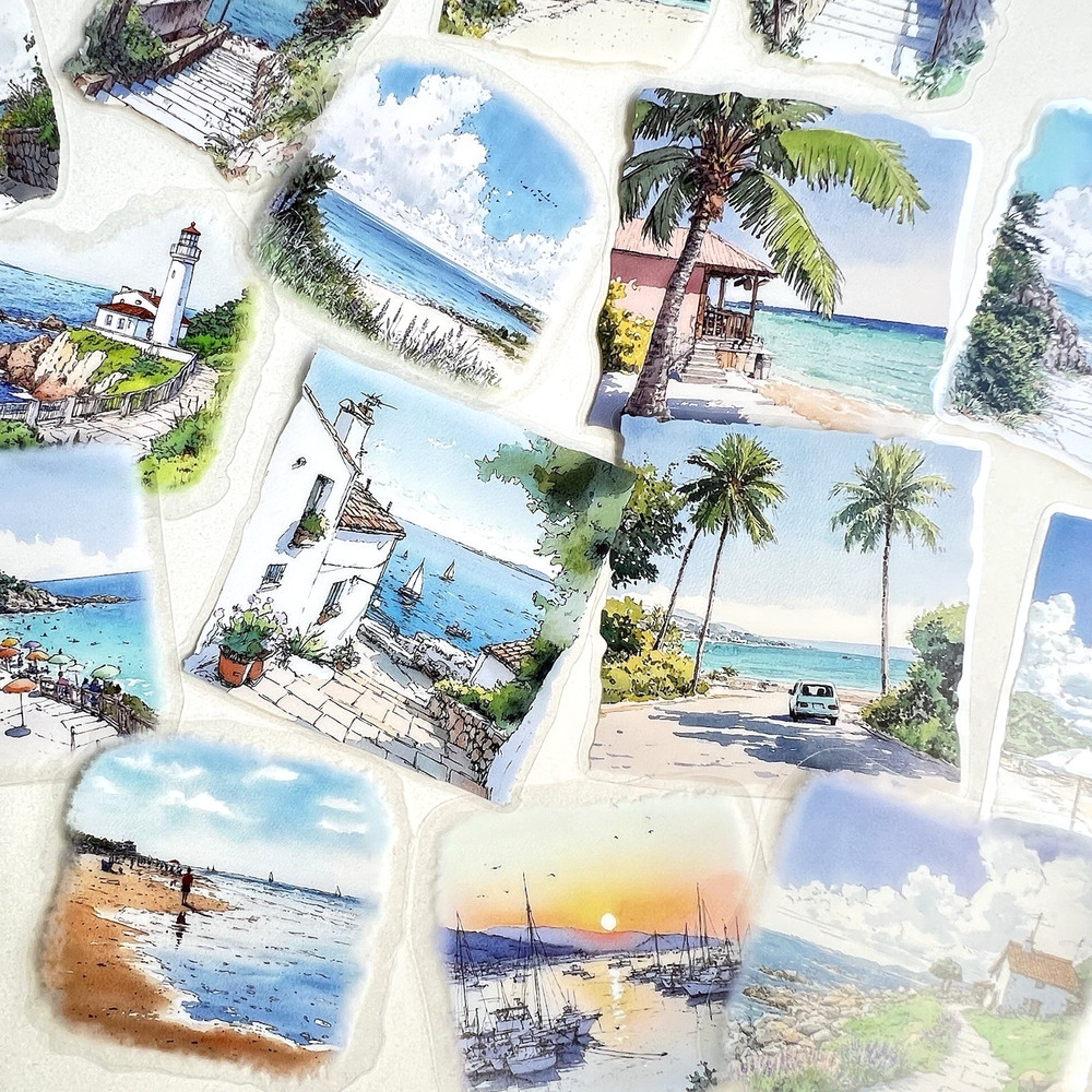 Seaside Beach Village Flake Stickers Travel Vacation Junk Journals Collage
